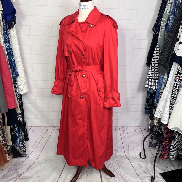 🍎|•LONDON FOG•| Candy Apple Red Vintage Trench Coat Size 8 - Picture 3 of 14